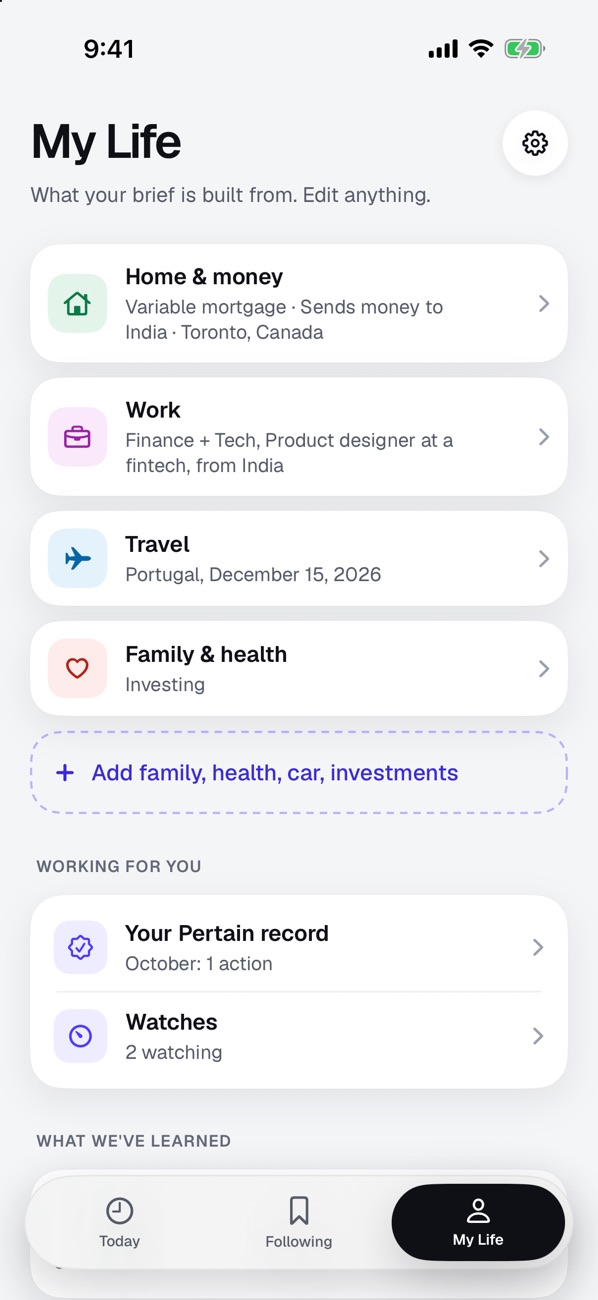 My Life in Pertain: home and money, work, travel, and family and health, each editable.